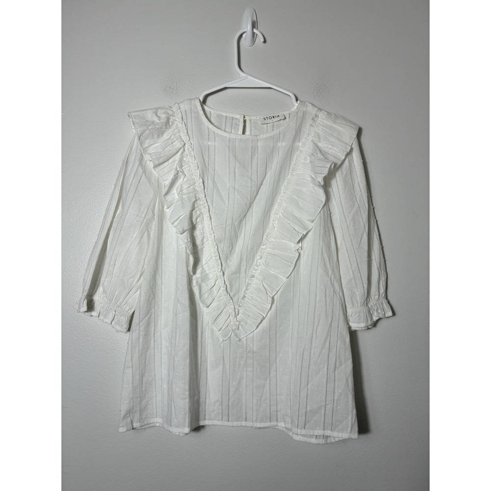 Storia Ruffled Swiss Dot Victorian Top Sz Large White 100% Cotton 3/4 Sleeve